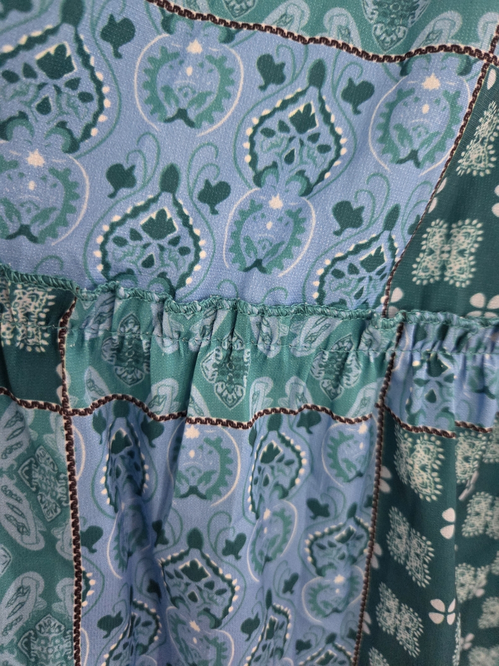 Boho Blue/Green Patchwork Tiered Maxi Skirt XL Fits Like L - Picture 3 of 10